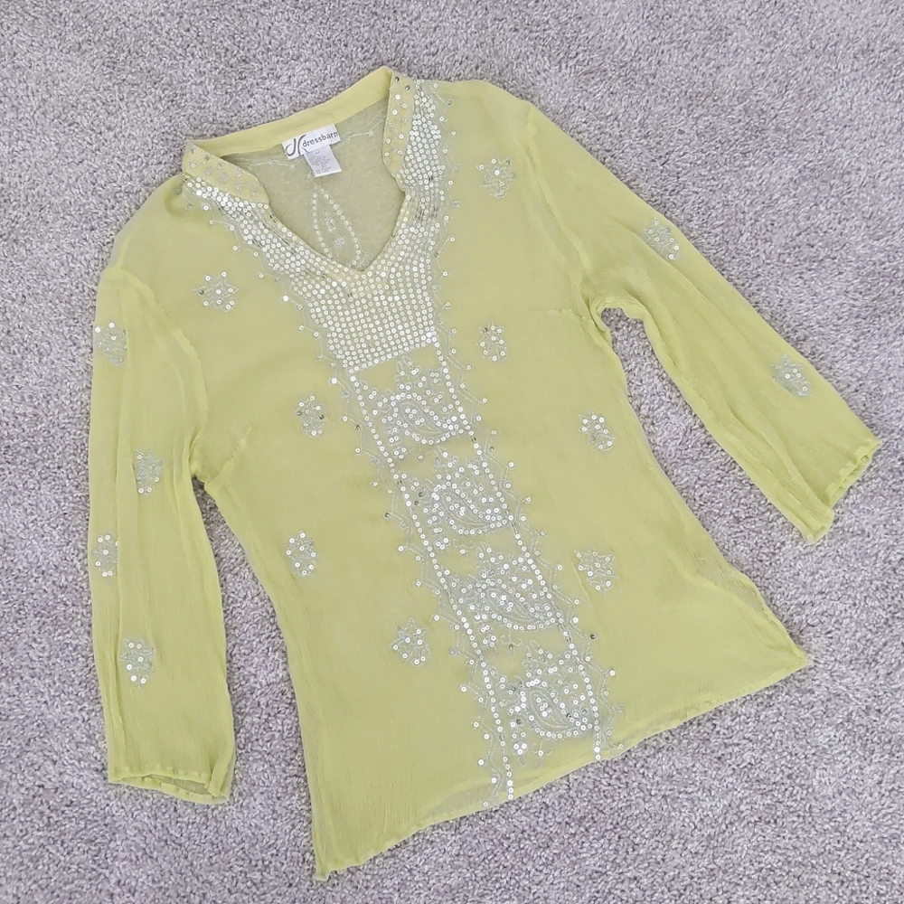 STUNNING Vintage Y2K 100% Silk Sheer Tunic Top w/Silver Sequin Detail, Size L